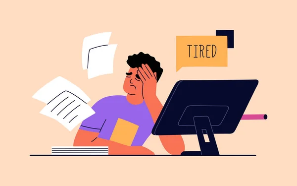 Man Tired Hard Working Burnout Work Guy Office Sits Table — Vetor de Stock