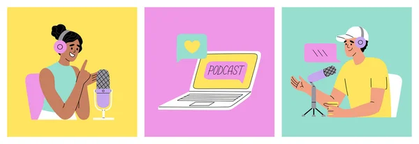 Podcast Concept Girl Guy Speaking Microphone Laptop Broadcast Recording Listening —  Vetores de Stock