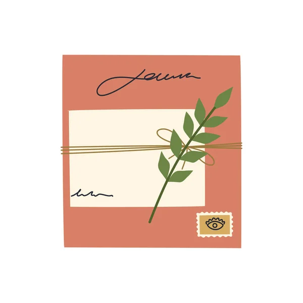Umschlag Mit Briefmarke Und Papierrohling Mit Romantischer Botschaft Und Pflanze — Stockvektor