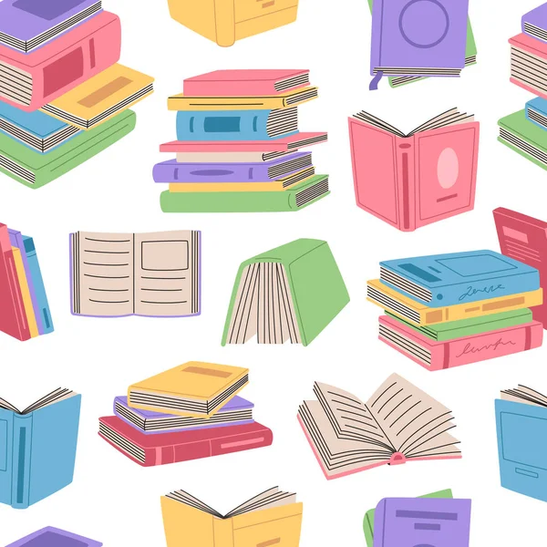 Retro Books Colorful Covers Seamless Pattern Pile Literature Textbooks Reading —  Vetores de Stock