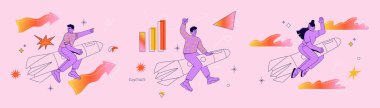 Çalıştırma ve geliştirme. Genç kız ve iki adam gökyüzünde roketin üzerinde uçuyorlar. İş adamları bir hedef arıyor. El çizimi vektör çizimi mor arkaplanda izole edildi. Düz çizgi film biçimi