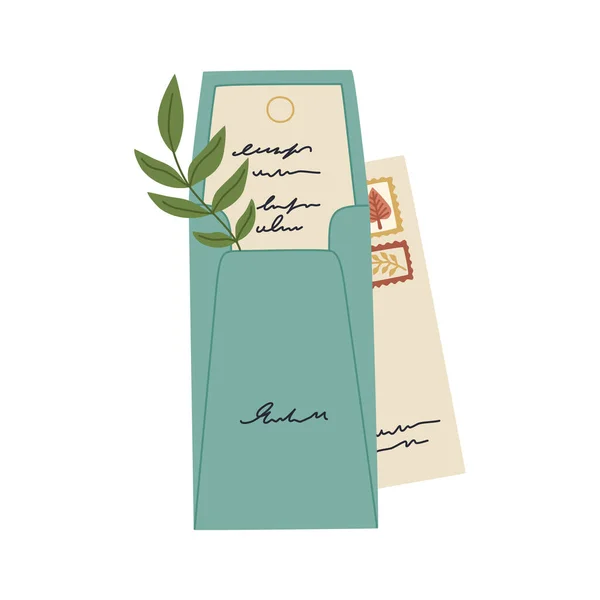 Open Envelope Romantic Message Plant Correspondence Postal Service Hand Drawn — 스톡 벡터