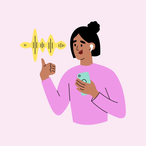 Girl Headphones Smartphone Her Hands Young Woman Listening Podcasts Music —  Vetores de Stock