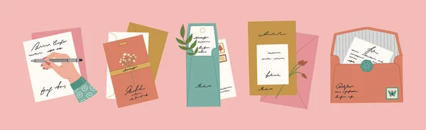 Set Different Colored Envelopes Seals Stamps Romantic Postcards Letters Flowers — Διανυσματικό Αρχείο