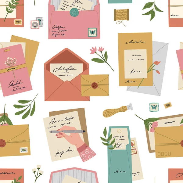 Seamless Pattern Envelopes Seals Stamps Romantic Postcards Letters Various Stationery — 스톡 벡터