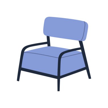 Çatı katı İskandinav tarzında mavi rahat koltuk. Konforlu ev dekorasyonu için modern mobilyalar. El çizimi renkli vektör çizimi beyaz arkaplanda izole edildi. Moda düz çizgi film tarzı.