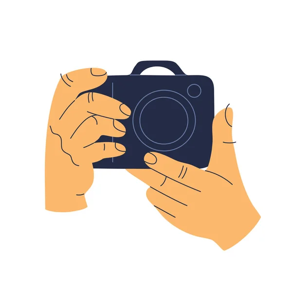 Menschliche Hände Halten Eine Fotokamera Retro Digitalgerät Mit Objektiv Handgezeichnete — Stockvektor