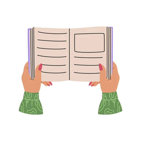 Female Hands Holding Open Book Read More Books Concept Hand — стоковый вектор