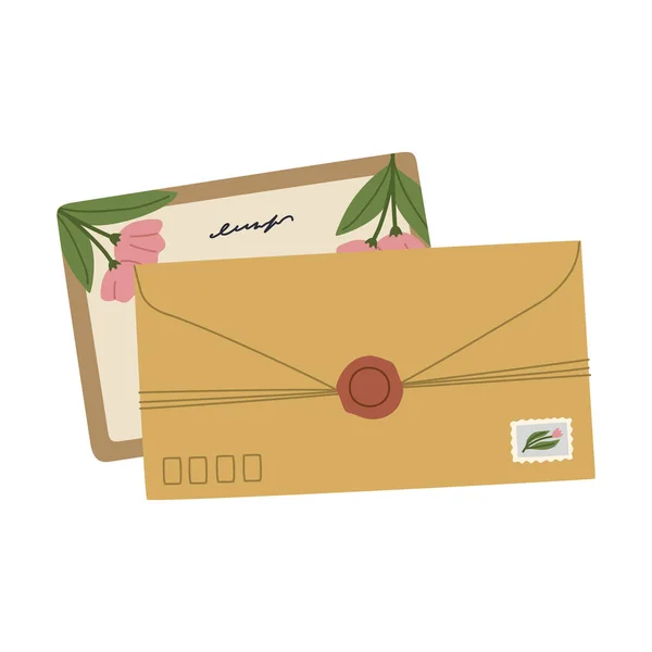 Envelope Com Cera Vedação Selo Postal Cartão Postal Com Flores —  Vetores de Stock