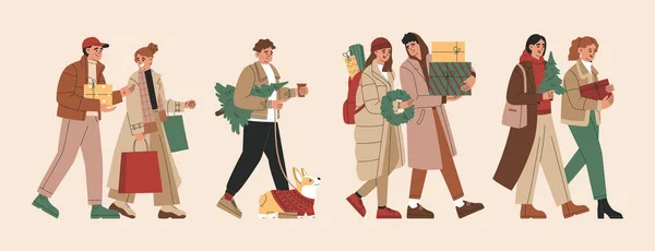 Dışardaki insanların hediye kutularını, Noel ağaçlarını, alışveriş çantalarını taşıyarak Noel ve yeni yıla hazır olmalarını dilerim. El çizimi vektör çizimi ışık arka planında izole edildi. Düz çizgi film biçimi.