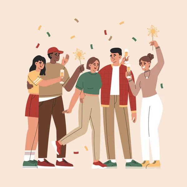 Group Happy Guys Girls Celebrating Holiday Sparklers Confetti Drinks Young — Stockvector