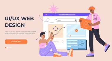 Young man and girl engaged in design user interface. UI, UX designers develop websites and mobile applications. Hand drawn vector illustration isolated on light background, modern flat cartoon style.