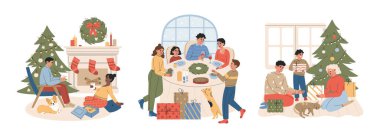 Çocuklu aileler Noel 'i evde kutluyor. Noel ağacının yanındaki mutlu insanlar, ziyafet masasında, hediyeler dağıtırlar. El çizimi vektör çizimi beyaz arkaplanda izole edildi. Düz çizgi film biçimi.