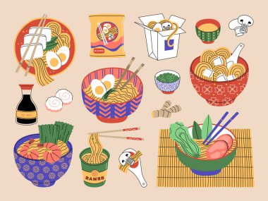Set of ramen in bowls, chopsticks and souses. Different noodle packages and soup recipes. Traditional popular asian hot meal. Hand drawn color vector illustration. Modern flat cartoon style.