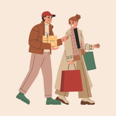 Dış giysili mutlu adam git ve hediye kutuları, alışveriş torbaları taşı, Noel ve yeni yılı kutlamaya hazırlan. El çizimi renk vektörü çizimi arka planda izole edildi. Düz çizgi film biçimi.