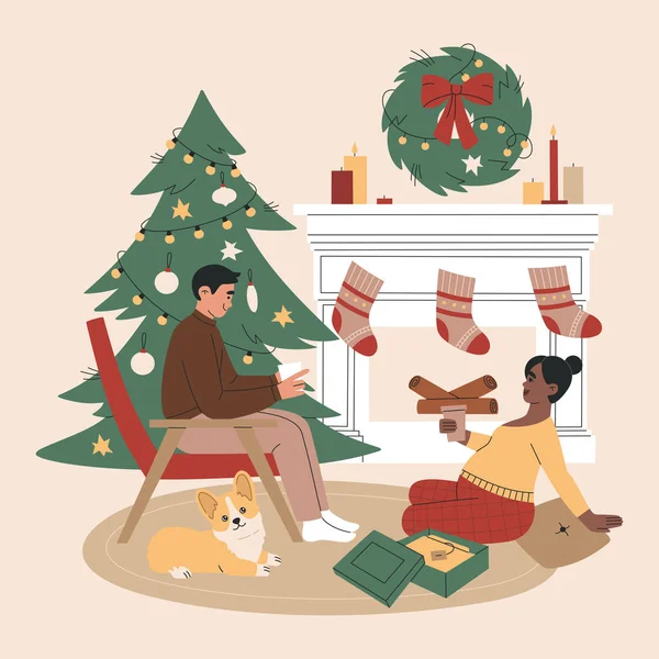 Family Christmas Tree Fireplace Corgi Dog Pregnant Woman Man Celebrate — Stock Vector