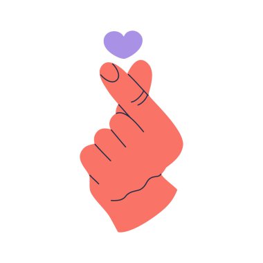 Hand with heart symbol, korean love sign. Communication gesture fingers. Hand drawn color vector illustration isolated on white background. Modern flat cartoon style.
