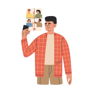Guy holds a smartphone with people on screen. Video call, online meeting, virtual conference concept. Hand drawn colored vector illustration isolated on white background. Modern flat cartoon style.