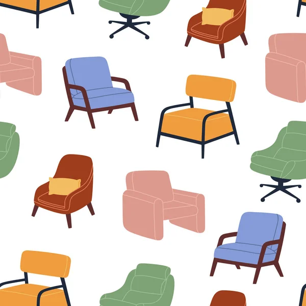 Seamless Pattern Different Comfortable Armchairs Soft Furniture Lounge Relaxation Hand — Stock vektor
