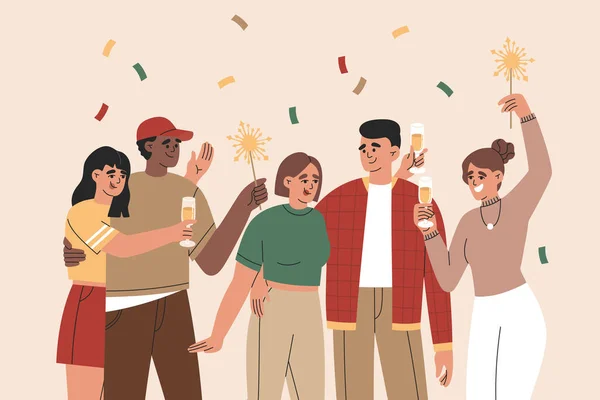 Group of happy mans and girls celebrating holiday with sparklers, confetti and drinks. Young peoples have fun together. Hand drawn vector illustration isolated on light background. Flat cartoon style.