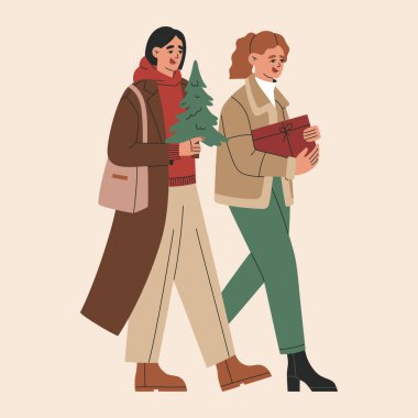 Two happy girls in outerwear go and carry gift box and christmas tree, prepare to celebrate Xmas and New Year. Hand drawn vector illustration isolated on light background. Modern flat cartoon style.