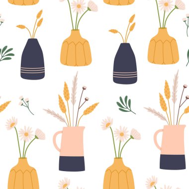 Seamless pattern with different flowers in ceramic vases. Blooming spring plants, dried bouquets in elegant pottery. Hand drawn vector illustration isolated on light background. Flat cartoon style.