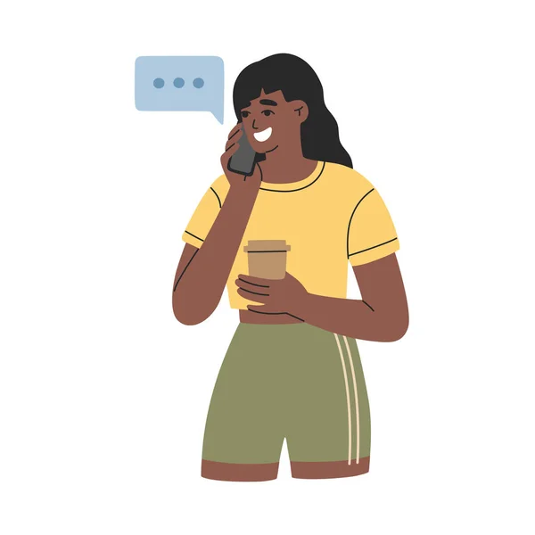 Young African American Girl Talking Cell Phone Coffee Glass Here — Archivo Imágenes Vectoriales