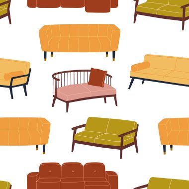 Seamless pattern of different comfortable couches and sofas. Soft furniture for cozy home interior. Hand drawn colored vector illustration isolated on white background. Modern flat cartoon style.
