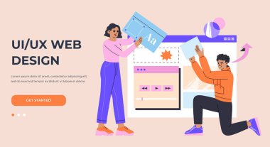 Young man and girl engaged in design user interface. UI, UX designers develop websites and mobile applications. Hand drawn vector illustration isolated on light background, trendy flat cartoon style.