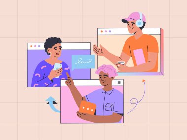 Video call, virtual conference with team of remote workers. Young men and girl have a business or friend meeting. Hand drawn vector illustration isolated on light background, flat cartoon style.