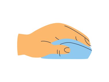 Human hand clicking on computer mouse. Hand drawn color vector illustration isolated on white background, modern flat cartoon style.