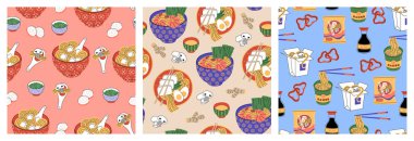 Set of three seamless pattern with ramen noodle. Different recipes of hot meal. Soup with shrimps, eggs, mushrooms, tofu, meat, chopsticks, souse. Hand drawn vector illustration, flat cartoon style.