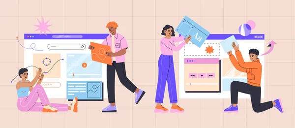 Group of people are engaged in web design of websites and mobile apps. UI, UX design, interface creating. Hand drawn vector illustration isolated on light background, modern trendy flat cartoon style.