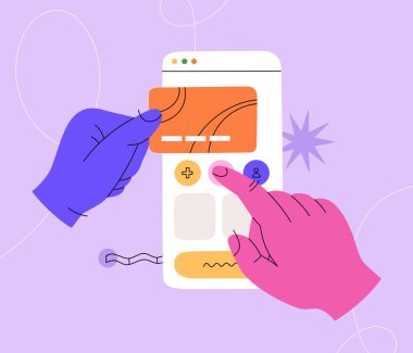Eller internet siteleri ve mobil uygulamalar için arayüz oluşturmaya çalışıyor. UX UI tasarımı, kodlama, programlama web iniş sayfası. El çizimi renk vektörü çizimi arka planda izole edildi. Düz çizgi film biçimi.