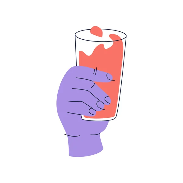 Menschliche Hand Hält Ein Glas Mit Rotem Getränk Handgezeichnete Farbvektorillustration — Stockvektor