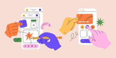 Eller internet siteleri ve mobil uygulamalar için arayüz oluşturmaya çalışıyor. UX UI tasarım ve programlama, araştırma ve prototip. El çizimi vektör çizimi arka planda izole edildi. Düz çizgi film biçimi.