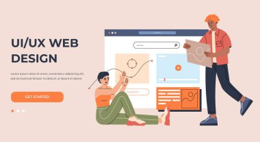Genç adam ve kadın web siteleri ve mobil uygulamalar tasarlıyorlar. UI, UX tasarımı, arayüz oluşturma. El çizimi renk çizimi çizimi hafif arkaplanda izole edilmiş, düz çizgi film biçimi.