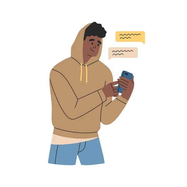 スマートフォンのチャットをオンラインで若い男は テキストマッサージを送信します モバイルアプリを使用した仮想通信 白地に描かれた手描きカラーベクトルイラスト 現代のフラット漫画スタイル — ストックベクタ