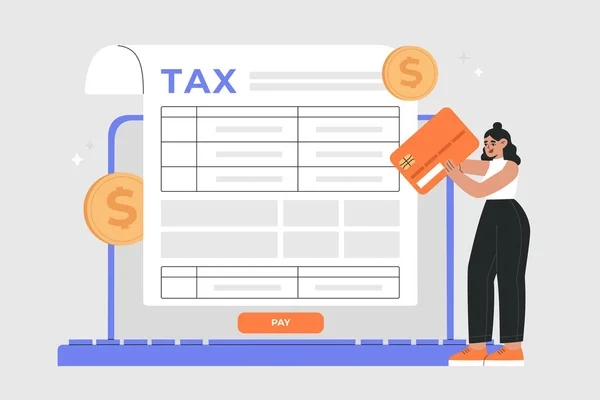 Flicka Med Kreditkort Handen Fylla Skatteformulär Med Hjälp Internet System — Stock vektor