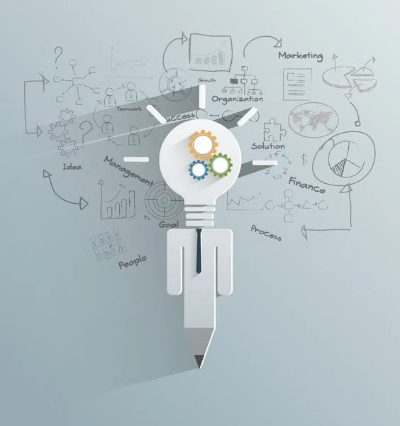 Empresario en forma de lápiz con bombilla de luz dibujo negocio éxito estrategia plan idea — Archivo Imágenes Vectoriales