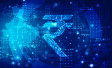 Devre çizgileri, Teknoloji Arkaplanı, Dijital Hindistan Konsepti olan Hint Rupisi. Dijital Para, Soyut Finans Arkaplanı, Borsa Çizelgesi, Hindistan Rupisi Finans Arkaplanı Sembolü