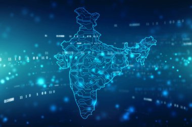 Dijital Hindistan Konsepti, Hindistan haritası teknoloji arka planında devre çizgileri, elektronik devreli Hindistan haritası, Teknoloji Fütüristik soyut arka planı