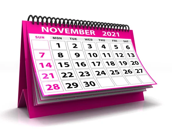 2021年11月桌面日历在白色背景中隔离 2021年11月螺旋日历可用于固定 横幅背景 3D渲染 — 图库照片