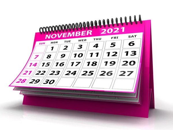 2021年11月桌面日历在白色背景中隔离 2021年11月螺旋日历可用于固定 横幅背景 3D渲染 — 图库照片