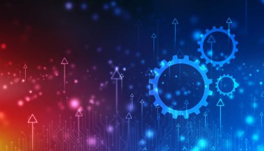 İşlem yönetimi, optimizasyon, strateji endüstrisi, şanzıman dişlisi, yazılım güncelleme durumu, teknoloji soyut arka planda okları olan Cog Gear Wheel