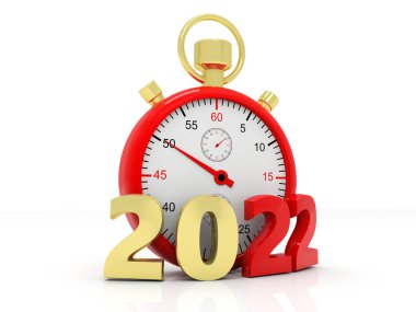 Kronometre Saati 2022 yılını, 2022 yılını, 2022 yılını temsil ediyor. 2022 Çelik İşareti ve beyaz arka planda Alarm Saati. 3B Hazırlama