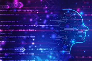 Soyut Yapay Zeka. Teknoloji web geçmişi. İkili Kodlar, Sanal konsept, fütüristik soyut arka plan ile insan kafası ana hatları