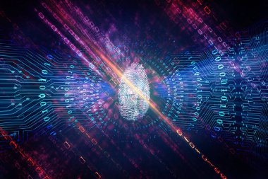 Teknoloji arka planında parmak izi olan soyut güvenlik sistemi konsepti, parmak izi tarama kimlik sistemi. Biyometrik Yetkilendirme ve İş Güvenliği Kavramı