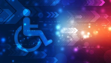 Tekerlekli sandalye ve teknoloji soyut geçmişe sahip erişim ikonu, İnternet sitesine erişim ve engelliler ve engelliler için uygulanan teknoloji.