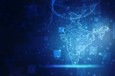 Dijital Hindistan Konsepti, Hindistan haritası teknoloji arka planında devre çizgileri, elektronik devreli Hindistan haritası, Teknoloji Fütüristik soyut arka planı